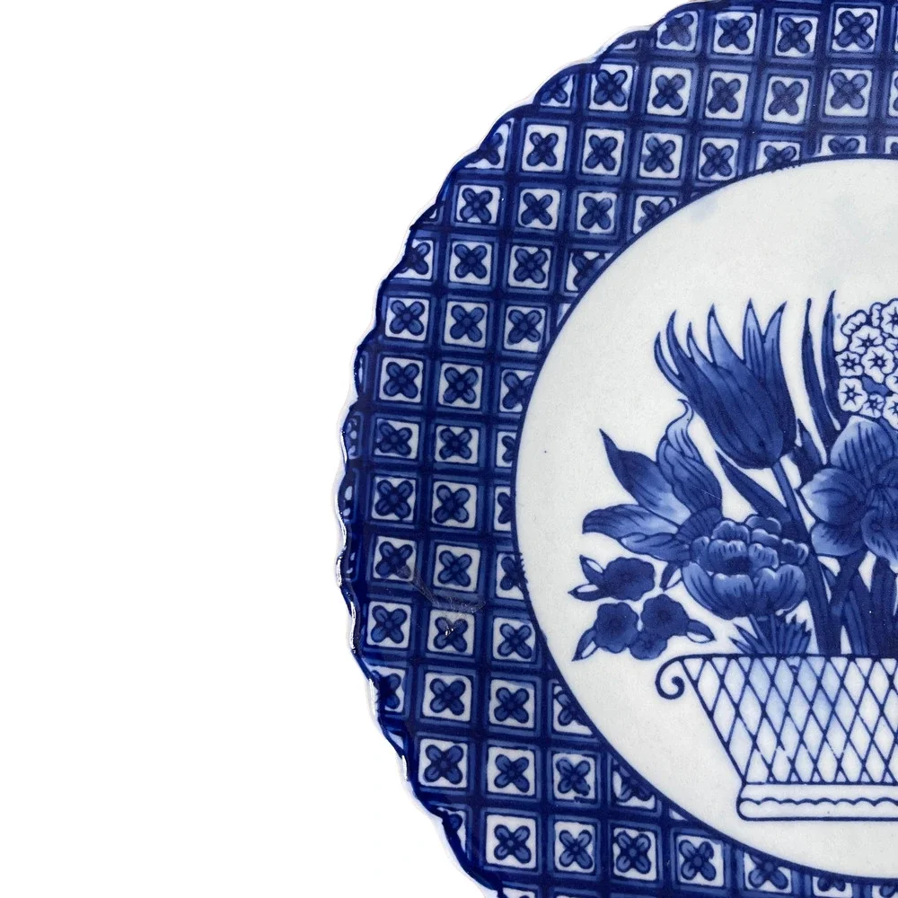 Vintage Chinese Pottery Dinner Plate Blue White Floral Pattern Motif Basket 10